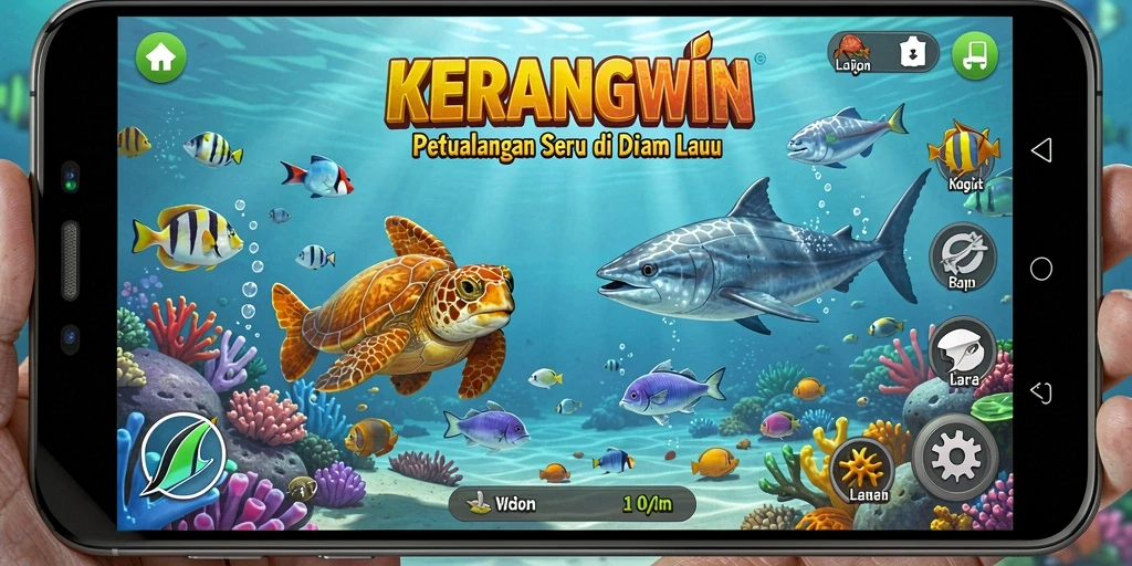 Screenshot gameplay KERANGWIN menunjukkan petualangan seru di bawah laut.
