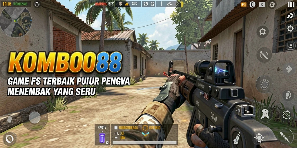 Screenshot KOMBO88 menampilkan pertempuran intens di medan perang FPS.