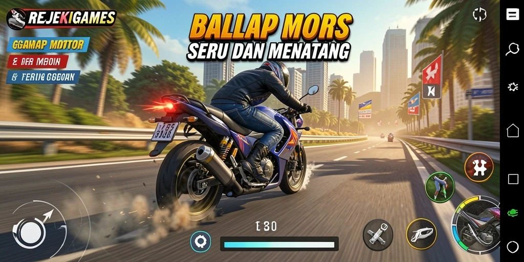 Gameplay seru dari REJEKIGAMES, menampilkan balapan motor yang mendebarkan.