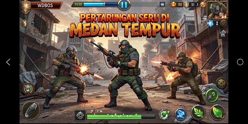 Screenshot utama WDBOS menampilkan aksi pertempuran intens di Battle Royale.