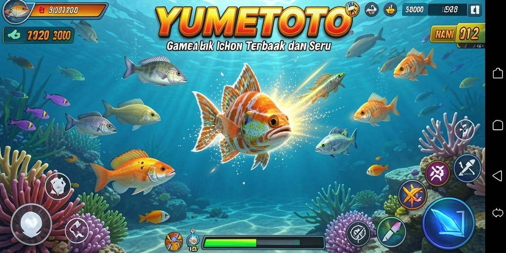 Gameplay seru YUMETOTO dengan berbagai ikan berwarna-warni.